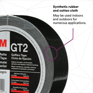 3M Premium Matte Cloth (Gaffers) Tape GT2, Black, 48 mm x 50 m, 11 mil