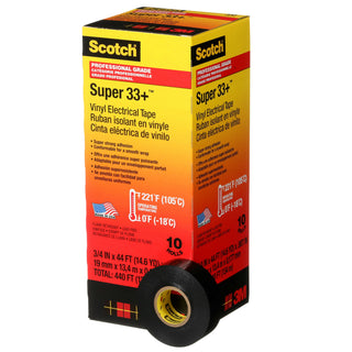 Scotch® Super 33+ Vinyl Electrical Tape, 3/4 in x 44 ft, Black, 10rolls/carton