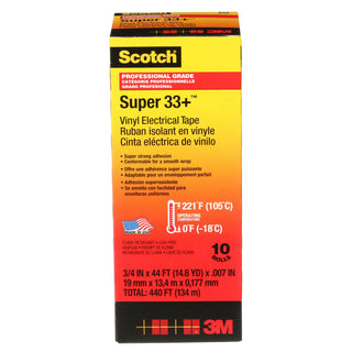 Scotch® Super 33+ Vinyl Electrical Tape, 3/4 in x 44 ft, Black, 10rolls/carton