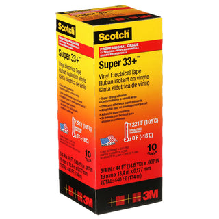 Scotch® Super 33+ Vinyl Electrical Tape, 3/4 in x 44 ft, Black, 10rolls/carton