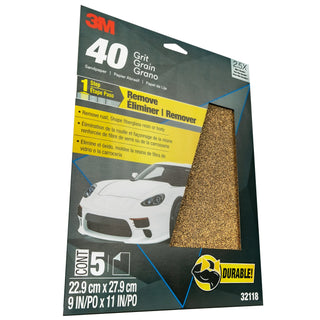 3M Sandpaper, 32118, 9 in x 11 in, 40 Grit, 5 sheets per pack