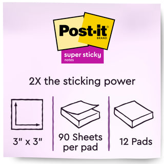 Post-it® Super Sticky Notes 654-12SSUC, 3 in x 3 in (76 mm x 76 mm)