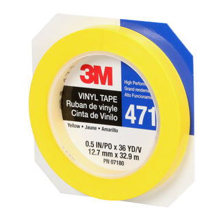 3M Vinyl Tape 471, Yellow, 1/2 in x 36 yd, 5.2 mil, 72 Roll/Case, HeatTreated