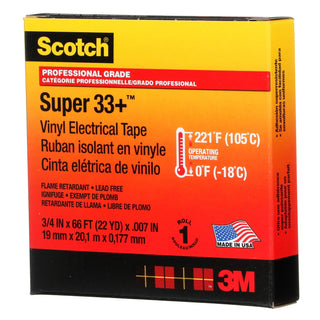 Scotch® Super 33+ Vinyl Electrical Tape, 3/4 in x 66 ft, 1-1/2 in Core,
Black