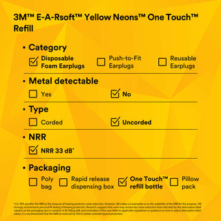 3M E-A-Rsoft Yellow Neons Earplugs 391-1005, Uncorded