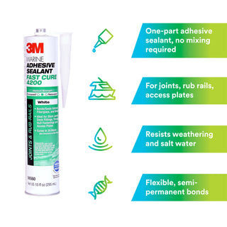 3M Marine Adhesive Sealant 4200FC, Fast Cure, White, 295 mL Cartridge