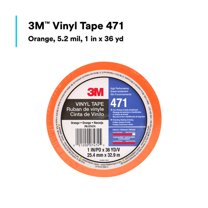 3M Vinyl Tape 471, Orange, 1 in x 36 yd, 5.2 mil, 36 Roll/Case
