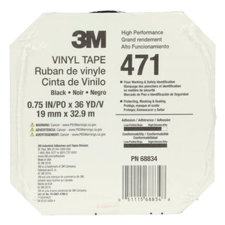 3M Vinyl Tape 471, Black, 3/4 in x 36 yd, 5.2 mil, 48 Roll/Case