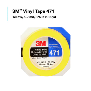 3M Vinyl Tape 471, Yellow, 3/4 in x 36 yd, 5.2 mil, 48 Roll/Case