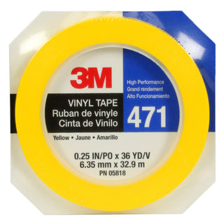 3M Vinyl Tape 471, Yellow, 1/4 in x 36 yd, 5.2 mil, 144 rolls per case