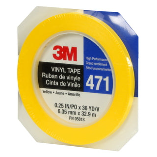 3M Vinyl Tape 471, Yellow, 1/4 in x 36 yd, 5.2 mil, 144 rolls per case