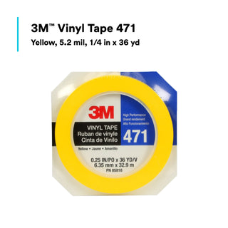 3M Vinyl Tape 471, Yellow, 1/4 in x 36 yd, 5.2 mil, 144 rolls per case