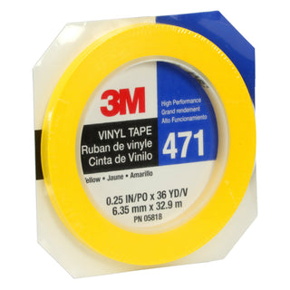 3M Vinyl Tape 471, Yellow, 1/4 in x 36 yd, 5.2 mil, 144 rolls per case