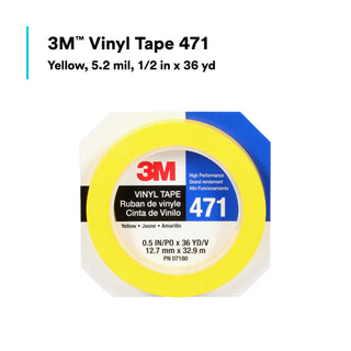 3M Vinyl Tape 471, Yellow, 1/2 in x 36 yd, 5.2 mil, 72 Roll/Case