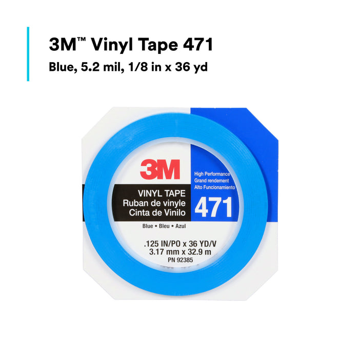 3M Vinyl Tape 471, Blue, 1/8 in x 36 yd, 5.2 mil