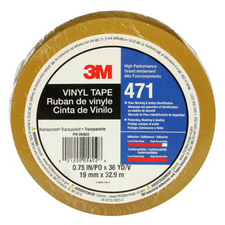 3M Vinyl Tape 471, Transparent, 3/4 in x 36 yd, 5.2 mil, 48 Roll/Case