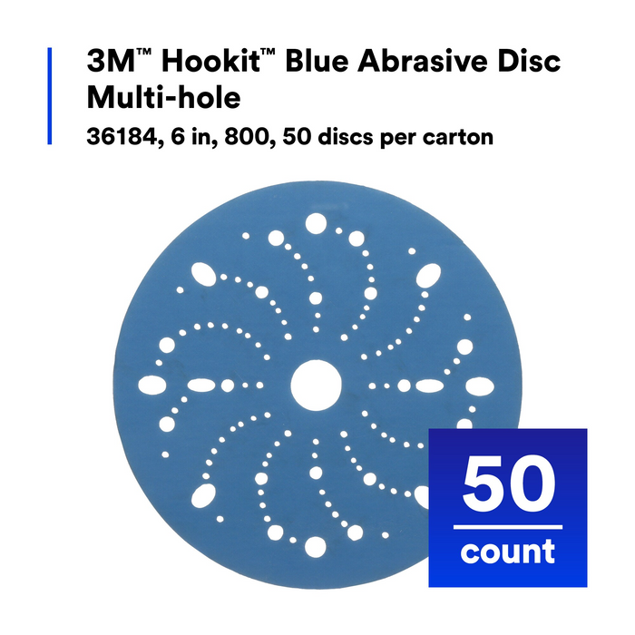 3M Hookit Blue Abrasive Disc 321U Multi-hole, 36184, 6 in, 800