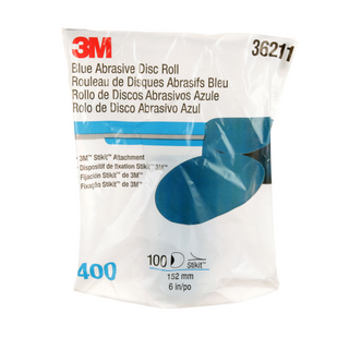 3M Stikit Blue Abrasive Disc Roll, 36211, 6 in, 400 grade, 100 discs
per roll