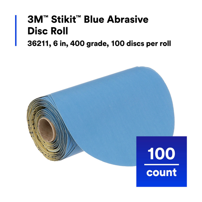 3M Stikit Blue Abrasive Disc Roll, 36211, 6 in, 400 grade, 100 discs
per roll