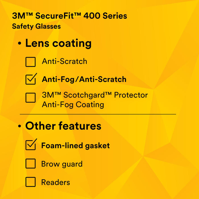 3M SecureFit Safety Glasses SF401AF-FM, Foam, Clear Anti-fog Lens