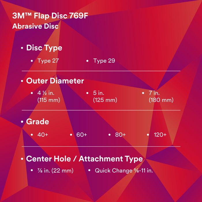 3M Flap Disc 769F, 40+, T27, 4-1/2 in x 7/8 in