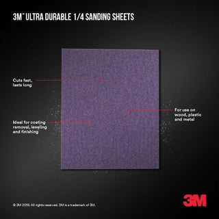 3M Ultra Durable Power Sanding 1/4 Sheet, 180 grit, 1/4Sht5pk180, 5 pk