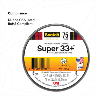 Scotch® Super 33+ Vinyl Electrical Tape, 3/4 in x 76 ft, 1 in Core,Black