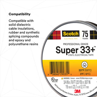 Scotch® Super 33+ Vinyl Electrical Tape, 3/4 in x 76 ft, 1 in Core,Black