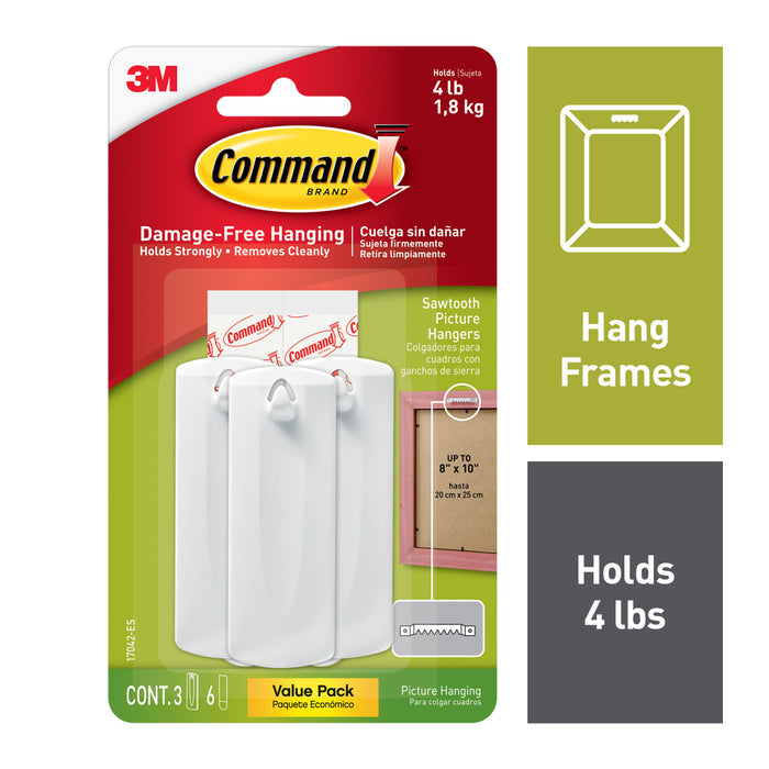Command Sawtooth Picture Hangers Value Pack 17042-ES, 3 hangers, 6 strips