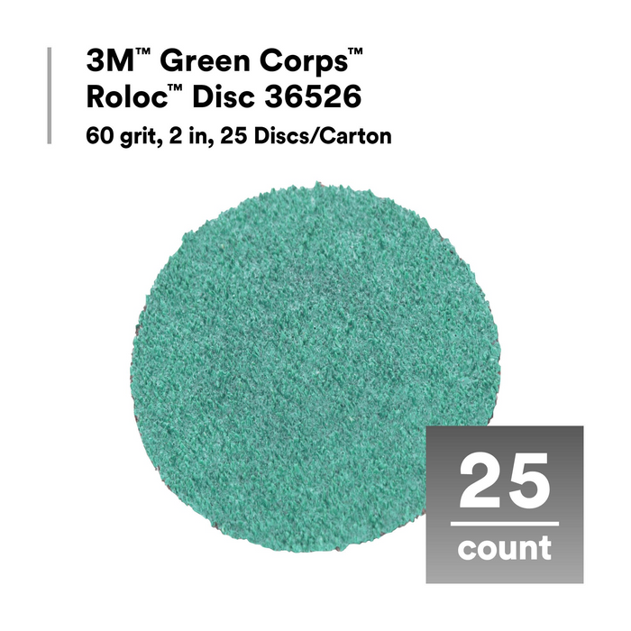 3M Green Corps Roloc Disc 36526, 60 grit, 2 in, 25 Discs/Carton