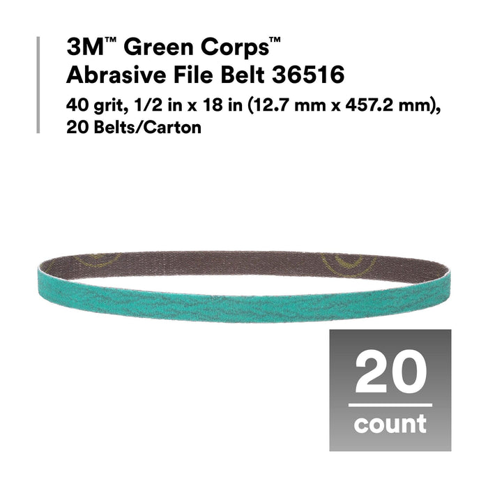 3M Green Corps Abrasive File Belt 36516, 40 grit, 1/2 in x 18 in