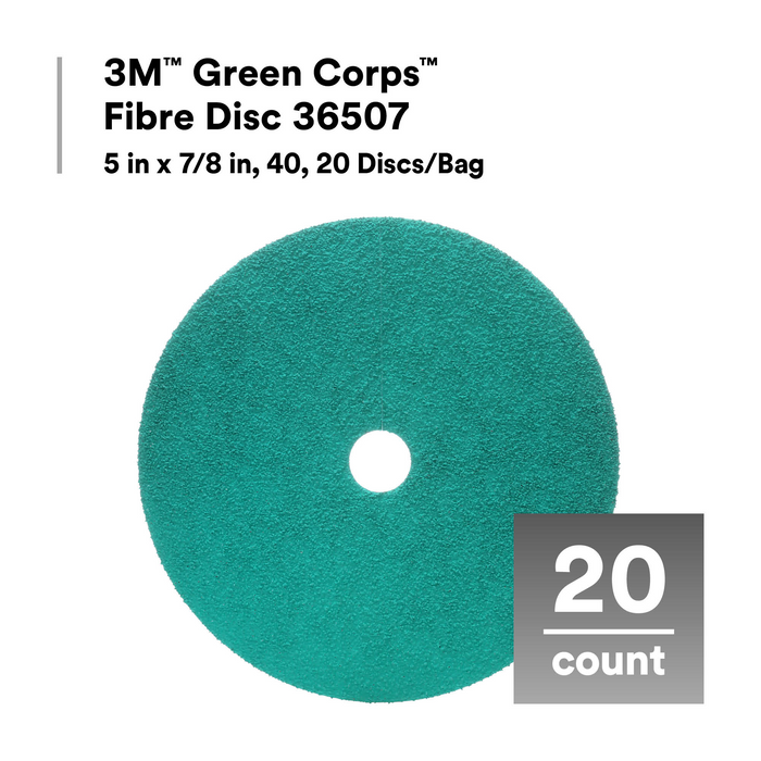 3M Green Corps Fibre Disc 36507, 5 in x 7/8 in, 40, 20 Discs/Bag