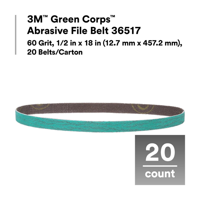 3M Green Corps Abrasive File Belt 36517, 60 Grit, 1/2 in x 18 in