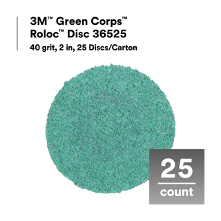 3M Green Corps Roloc Disc 36525, 40 Grit, 2 in, 25 Discs/Carton