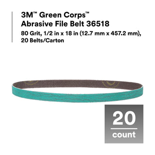 3M Green Corps Abrasive File Belt 36518, 80 Grit, 1/2 in x 18 in