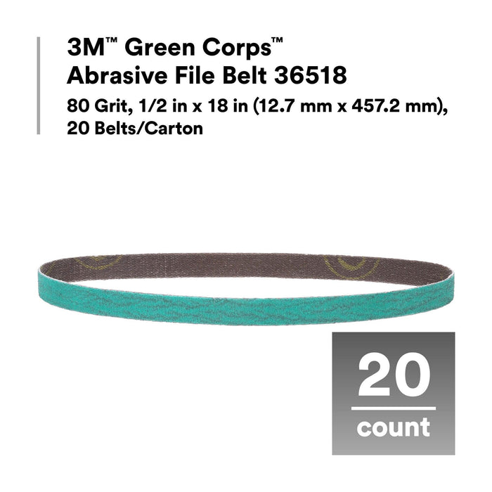 3M Green Corps Abrasive File Belt 36518, 80 Grit, 1/2 in x 18 in