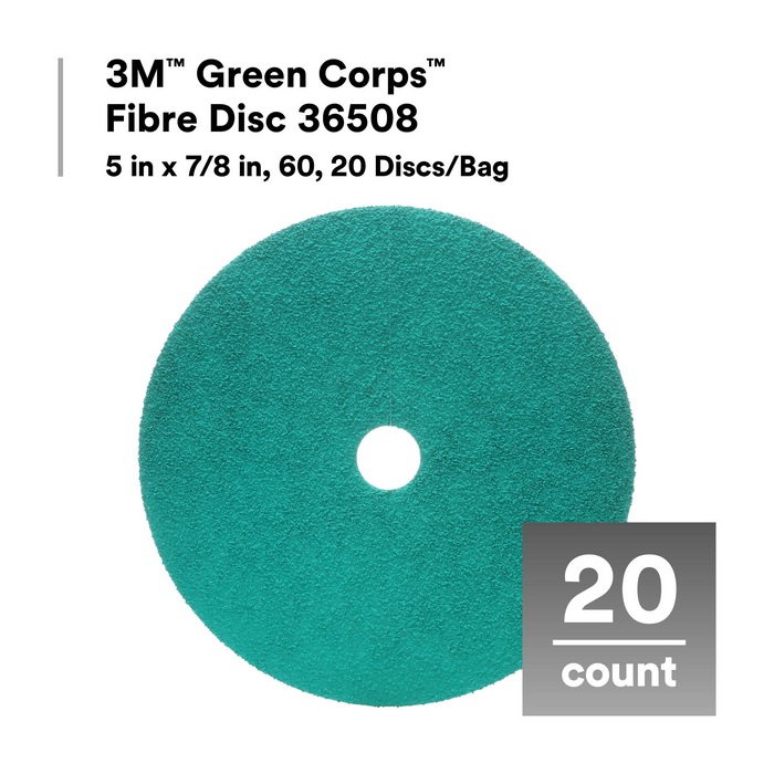 3M Green Corps Fibre Disc 36508, 5 in x 7/8 in, 60, 20 Discs/Bag