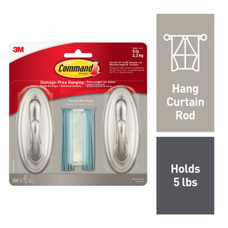 Command Curtain Rod Hooks, 2 hooks, 2 strips, 17053BN-2ES