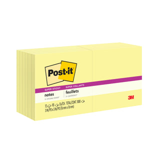 Post-it® Super Sticky Notes 654-12SSCY, 3 in x 3 in (76 mm x 76 mm)