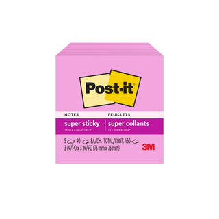 Post-it® Super Sticky Notes 654-5SSNP, 3 in x 3 in (76 mm x 76 mm), Neon Pink