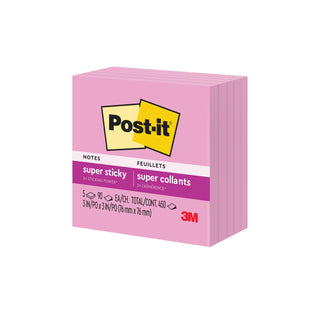 Post-it® Super Sticky Notes 654-5SSNP, 3 in x 3 in (76 mm x 76 mm), Neon Pink