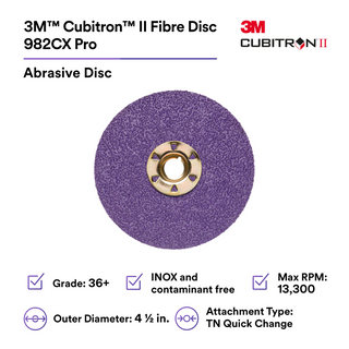 3M Cubitron II Fibre Disc 982CX Pro, 36+, TN Quick Change, 4-1/2 in,
Die TN450E