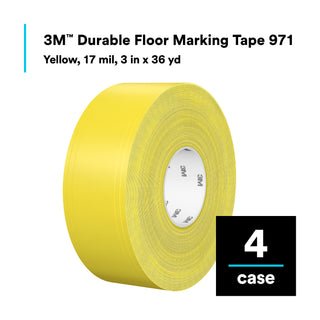 3M Durable Floor Marking Tape 971, Yellow, 3 in x 36 yd, 17 mil, 4 Rolls/Case