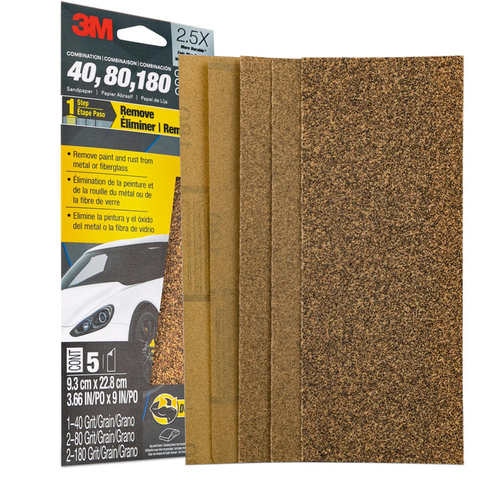 3M Sandpaper 03039, Asst Grit, 3-2/3 in x 9 in, 5/Pack