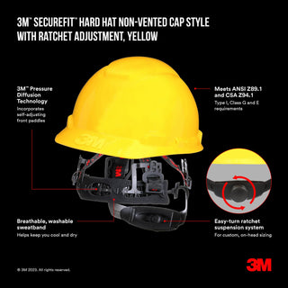 3M SecureFit Hard Hat CHH-R-Y6-SL, Cap Style with Ratchet Adjustment, Yellow