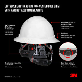 3M SecureFit Full Brim Hard Hat CHH-FB-R-W6-SL, with Ratchet Adjustment, White