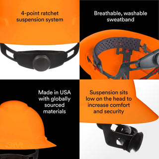 3M SecureFit Full Brim Hard Hat CHH-FB-R-O6-SL, with Ratchet Adjustment, Hi-Vis