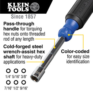 Klein Tools 65411 Color-Coded Hollow-Shaft Heavy-Duty Nut Driver Set, 6-Piece