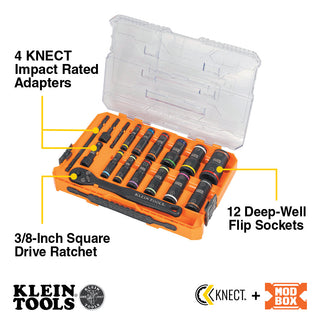 Klein Tools 65626 KNECT Flip-24 Deep-Well, Heavy-Duty Impact Socket Set, SAE & Metric, 18 Pc.