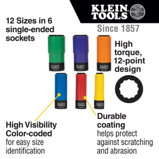 Klein Tools 66033 Coated Socket Set, 12-Point, 6 Pc.